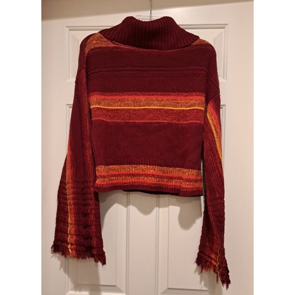Free People Close to Me Red Turtleneck Sweater Flare Fringe Sleeve Size Large - Picture 4 of 13